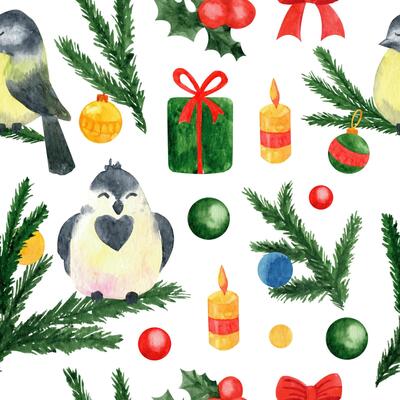 New Year and Xmas watercolor seamless pattern. Winter elements for greeting cards