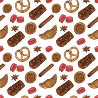 Watercolor bakery seamless pattern. Bakery, confectionery menu background. vector