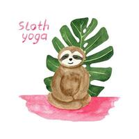 Adorable hand painted watercolor sloth sitting in yoga pose with leaves. vector