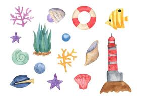 Cute sealife watercolor with seaweed, coral, fish, shellfish, shells, lifebuoy, lighthouse, starfish. vector