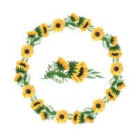 Sunflowers wreath, border with leaves. Hand drawn watercolor Illustration vector