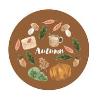 Cute autumn watercolor set with leaves, mushrooms, coffee, letter, pumpkin. Seasonal fall clipart vector