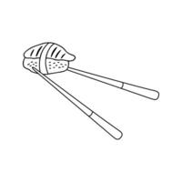 Japanese sushi nigiri in chopsticks in hand drawn doodle style. Asian food for restaurants menu vector