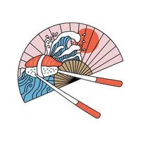 Japanese fan with sea waves, sun and sushi nigiri with salmon on chopsticks in doodle style. vector