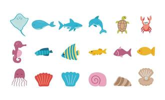 Vector marine life collection with dolphin, shark, stingray, crab, jellyfish, turtle, fish, seashell and seahorse.