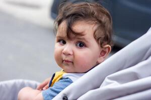 baby boy in stroller in the garden photo