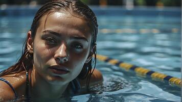 ai generado retrato de un bonito niña en el piscina, mojado retrato, mojado gir en el piscina, mujer es nadando en el piscina foto