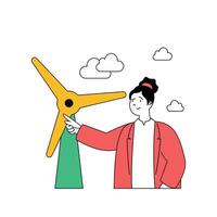 ecología concepto con dibujos animados personas en plano diseño para web. mujer utilizando viento turbina para consiguiendo verde alternativa electricidad energía. vector ilustración para social medios de comunicación bandera, márketing material.