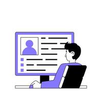 Teamwork concept with cartoon people in flat design for web. Man finding employees online for team, researching professional profiles. Vector illustration for social media banner, marketing material.