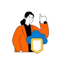 Cloud computing concept with cartoon people in flat design for web. Woman using online storage with protecting shield for user data. Vector illustration for social media banner, marketing material.