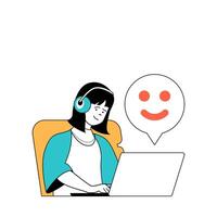 Social media concept with cartoon people in flat design for web. Woman chatting at laptop with users and sending emoticons reaction. Vector illustration for social media banner, marketing material.