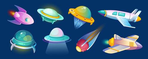 Alien spaceships mega set in cartoon graphic design. Bundle elements of fantasy UFO space crafts, rockets, flying saucers, shuttles, spacecrafts with glow lights. Vector illustration isolated objects