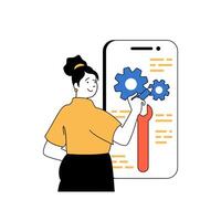 Programming concept with cartoon people in flat design for web. Woman working with app code and settings on mobile screen in agency. Vector illustration for social media banner, marketing material.