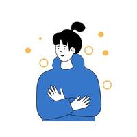 Mental health concept with cartoon people in flat design for web. Smiling woman hugging herself and giving support and love emotion. Vector illustration for social media banner, marketing material.