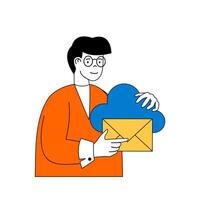 Cloud computing concept with cartoon people in flat design for web. Man sending email and storage business letters in cloud platform. Vector illustration for social media banner, marketing material.