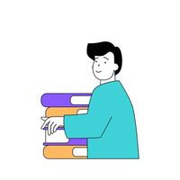 Education concept with cartoon people in flat design for web. Student reading textbooks in library and making homework with books. Vector illustration for social media banner, marketing material.