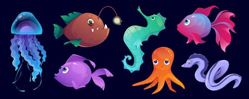 Underwater animals mega set in cartoon graphic design. Bundle elements of cute angler fish and other fishes, jellyfish, seahorse, octopus, swimming sea wildlife. Vector illustration isolated objects