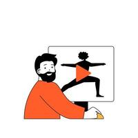 Fitness concept with cartoon people in flat design for web. Man watching video sport lessons with trainer and doing exercises at home. Vector illustration for social media banner, marketing material.