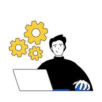 Business concept with cartoon people in flat design for web. Man working at laptop, makes e-business optimization, planning strategy. Vector illustration for social media banner, marketing material.