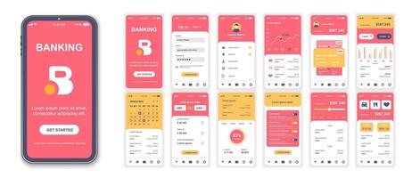 bancario móvil aplicación interfaz pantallas modelo colocar. cuenta acceso, financiero Estadísticas, crédito tarjeta gestión, calendario, transferencias paquete de ui, ux, gui equipo para solicitud web disposición. vector diseño.