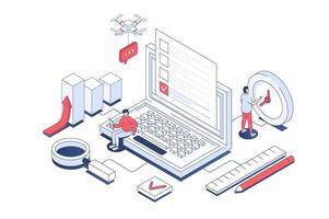 Online survey concept in 3d isometric design. Men filling questionnaire on laptop, giving feedback, marking answers in checklist form. Vector illustration with isometry people scene for web graphic