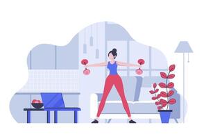 Fitness at home concept with cartoon people in flat design for web. Woman doing exercise with dumbbells with video training lesson. Vector illustration for social media banner, marketing material.