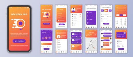 Delivery mobile app interface screens template set. Online account, courier shipping, parcel calculate, tracking order map, payment. Pack of UI, UX, GUI kit for application web layout. Vector design.