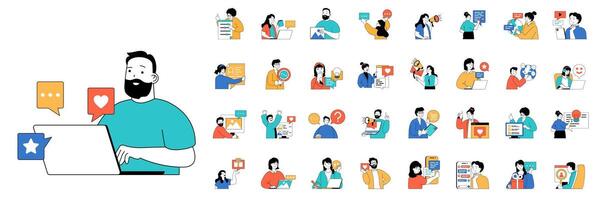 Social media concept with people situations mega set in flat web design. Bundle scenes of chatting, following, internet influence. Vector illustrations for social media banner, marketing material.