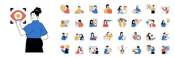 Teamwork concept with character situations mega set in flat web design. Bundle of scenes people brainstorming with colleagues, work and collaboration, makes project to deadline. Vector illustrations.