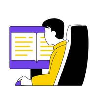 Book reading concept with cartoon people in flat design for web. Woman researching electronic textbook at screen, preparing to lesson. Vector illustration for social media banner, marketing material.