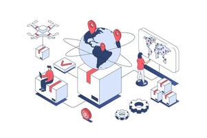 Worldwide delivery concept in 3d isometric design. Managers working in global logistic company with parcel airmail and van shipping. Vector illustration with isometry people scene for web graphic