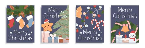 alegre Navidad 2024 cubrir folleto conjunto en plano diseño. póster plantillas con abeto ramas con pino conos, calcetines para Navidad regalos, festivo árbol, guirnaldas, otro fiesta decoración. vector ilustración.