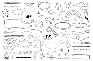 Doodle objects mega set in flat cartoon design. Bundle of ink lines, paper airplane, speech bubble, sparkle, clouds, rainbow, heart, star, curl and other. Vector illustration isolated graphic symbols