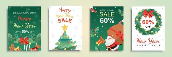 Happy New Year 2024 sales cover brochure set in flat design. Poster templates with seasonal shopping clearance and discount offer with Santa Claus with gift festive tree and decor. Vector illustration