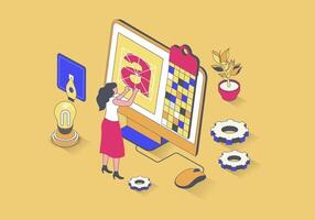 Design studio concept in 3d isometric design. Woman creating logo for branding, drawing digital content and selecting colours palette. Vector illustration with isometry people scene for web graphic