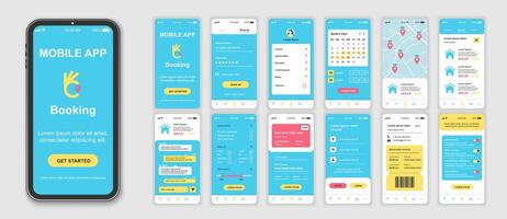 reserva móvil aplicación interfaz pantallas modelo colocar. cuenta acceso, calendario, mapa ubicaciones, buscando hotel habitación, vuelo boleto orden. paquete de ui, ux, gui equipo para solicitud web disposición. vector diseño.