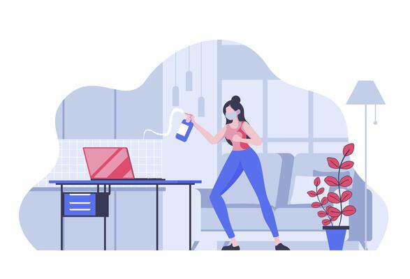 Coronavirus prevention concept with cartoon people in flat design for web. Woman in protective mask cleaning and making disinfection. Vector illustration for social media banner, marketing material.