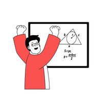 School learning concept with cartoon people in flat design for web. Student solving geometric problems at chalkboard in classroom. Vector illustration for social media banner, marketing material.