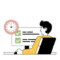 Time management concept with cartoon people in flat design for web. Man productively working at computer and finishing schedule tasks. Vector illustration for social media banner, marketing material.