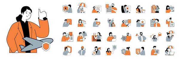 Insurance concept with character situations mega set in flat web design. Bundle of scenes people protecting different property, car and health, using finance safety program. Vector illustrations.