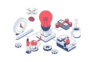 Startup concept in 3d isometric design. Business team brainstorming and creating new company, attracting investment for development. Vector illustration with isometry people scene for web graphic