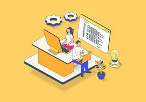 Software programming concept in 3d isometric design. Developer team work with code, testing computer programs and making optimization. Vector illustration with isometry people scene for web graphic