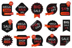 Sale price tags mega set in flat cartoon design. Bundle elements of black badges templates with different shapes with discounts for seasonal clearance. Vector illustration isolated graphic objects