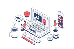 Web design concept in 3d isometric design. Designer team creating digital content and site elements, making and settings homepages. Vector illustration with isometry people scene for web graphic