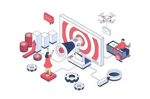 Social media marketing concept in 3d isometric design. Man making online promotion and attracting new clients for making purchases. Vector illustration with isometry people scene for web graphic