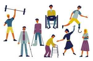 Disability people set in flat character design for web. Bundle persons of different disabled women and men with in wheelchair, prosthesis and amputations have active lifestyle. Vector illustration.