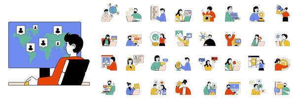 Social network concept with people situations mega set in flat web design. Bundle scenes of online global communication and blogging. Vector illustrations for social media banner, marketing material.