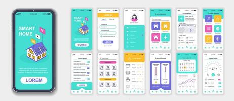 Smart home mobile app interface screens template set. Account login, automation management, appliance monitoring, security system. Pack of UI, UX, GUI kit for application web layout. Vector design.