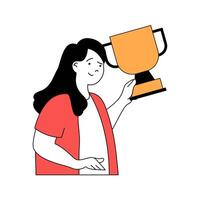 School learning concept with cartoon people in flat design for web. Student winning at competition, getting golden cup and celebrating. Vector illustration for social media banner, marketing material.