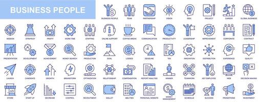 Business people web icons set in blue line design. Pack of team, partnership, vision, idea, project, career, mission, report, profit, work time, online support, other. Vector outline stroke pictograms